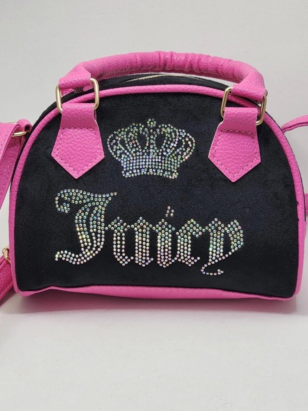 Juicy Couture Kids Black Velvet & Pink Faux Leather Rhinestone Crossbody Bag